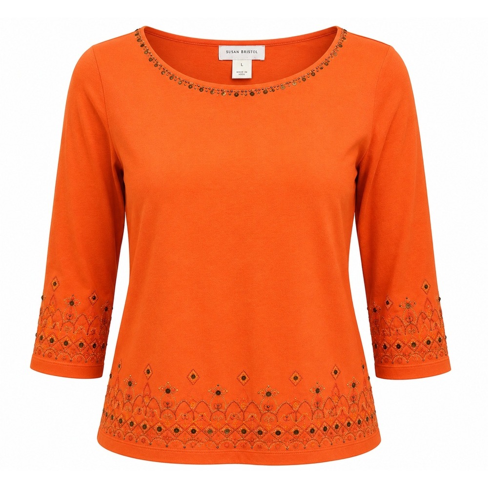 Susan Bristol Orange Embroidered Sequin Boho 100% Cotton 3/4 Sleeve Top L Artsy